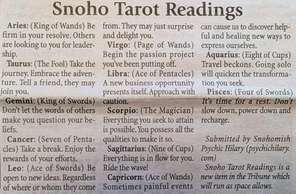 first printed edition of Snoho Tarot Readings