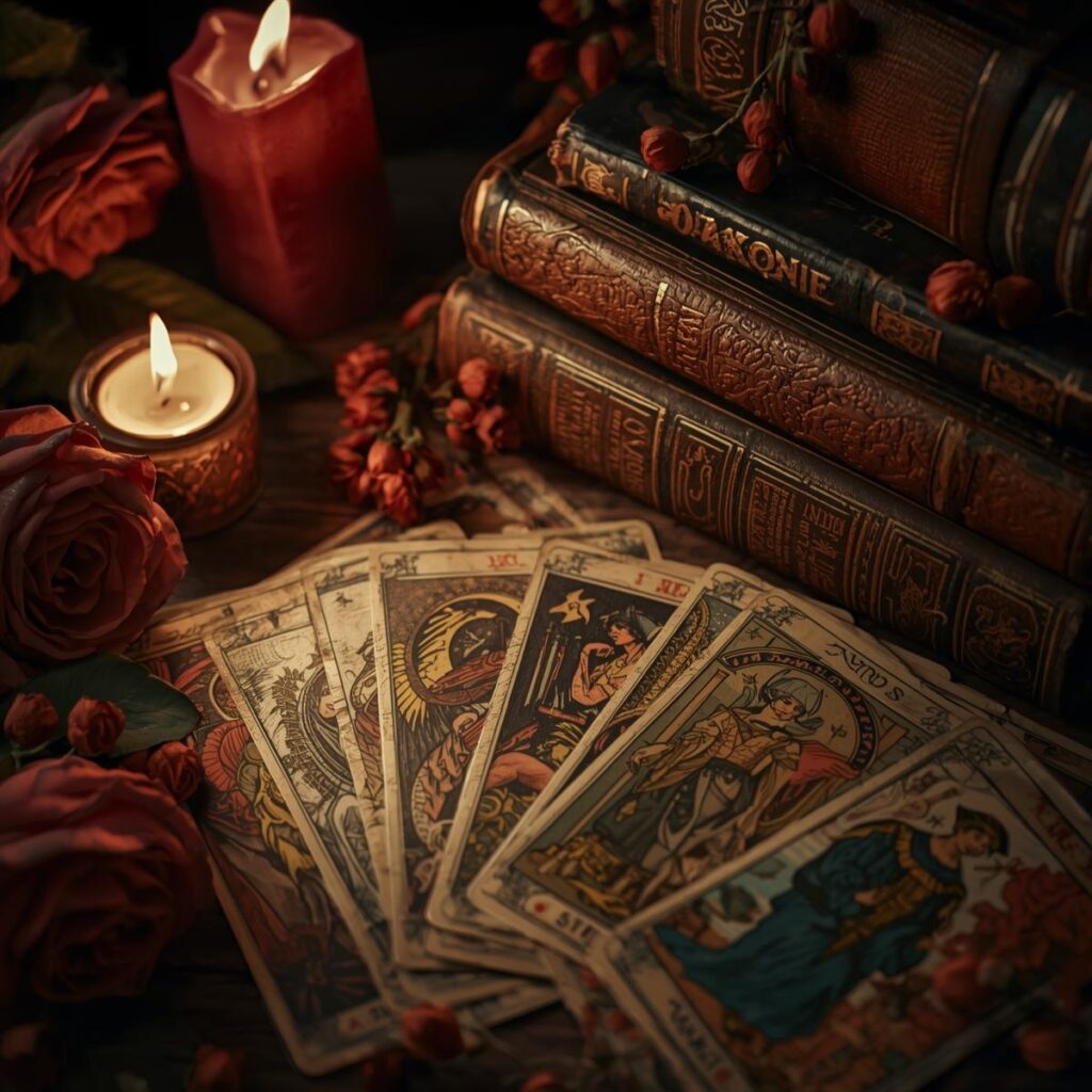 tarot cards and red candles and romance vibe