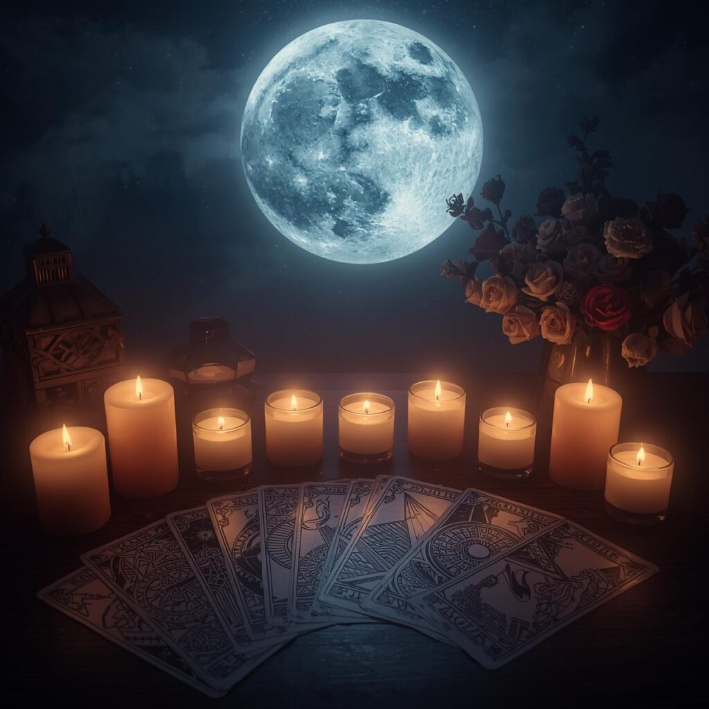 roses a full moon and candles and tarot cards